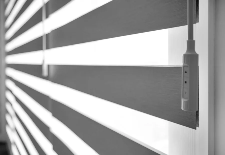 Smart blinds in a bright open-plan Calgary living space, controlled by app