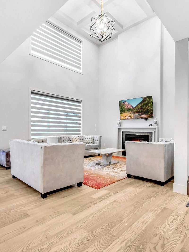 Altadore living room dressed in zebra blinds